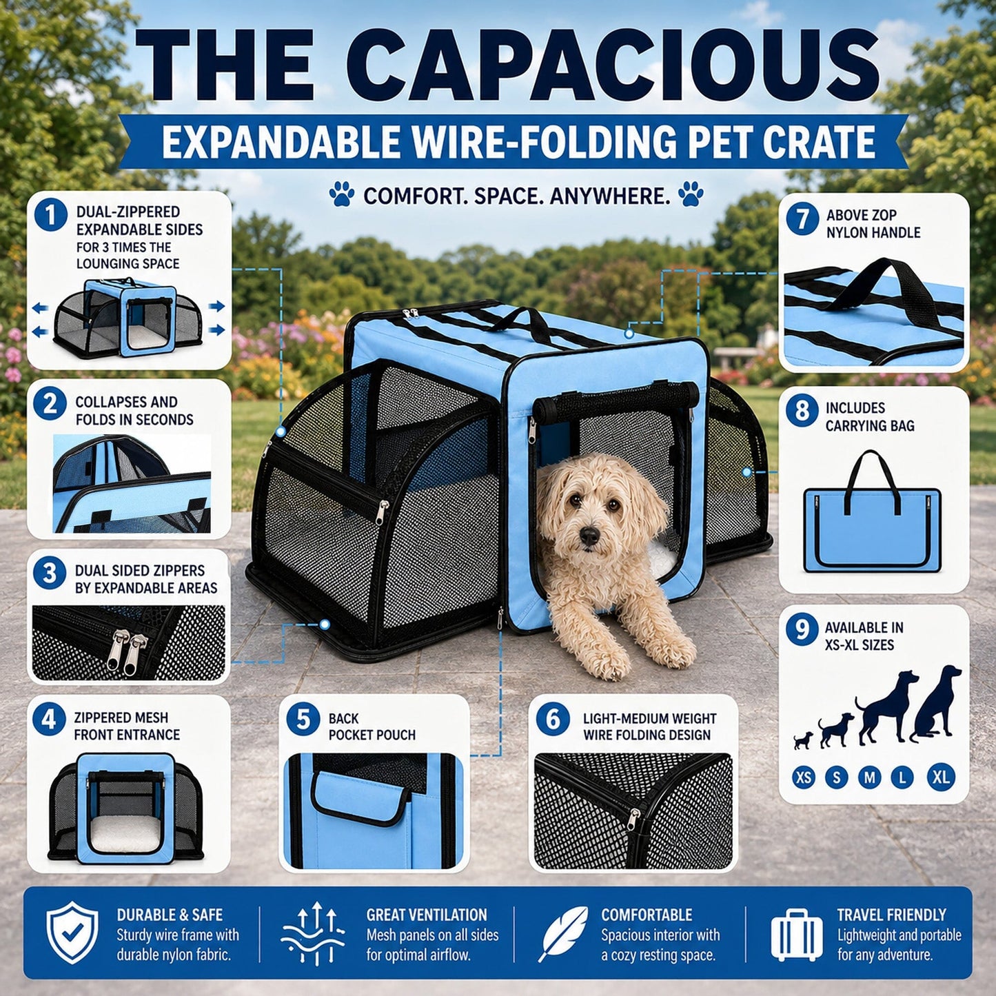 Pet Life ® 'Capacious' Dual-Sided Expandable Spacious Wire Folding Collapsible Lightweight Pet Dog Crate Carrier House