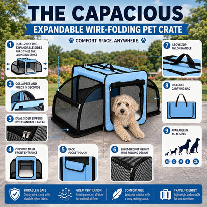 Pet Life ® 'Capacious' Dual-Sided Expandable Spacious Wire Folding Collapsible Lightweight Pet Dog Crate Carrier House