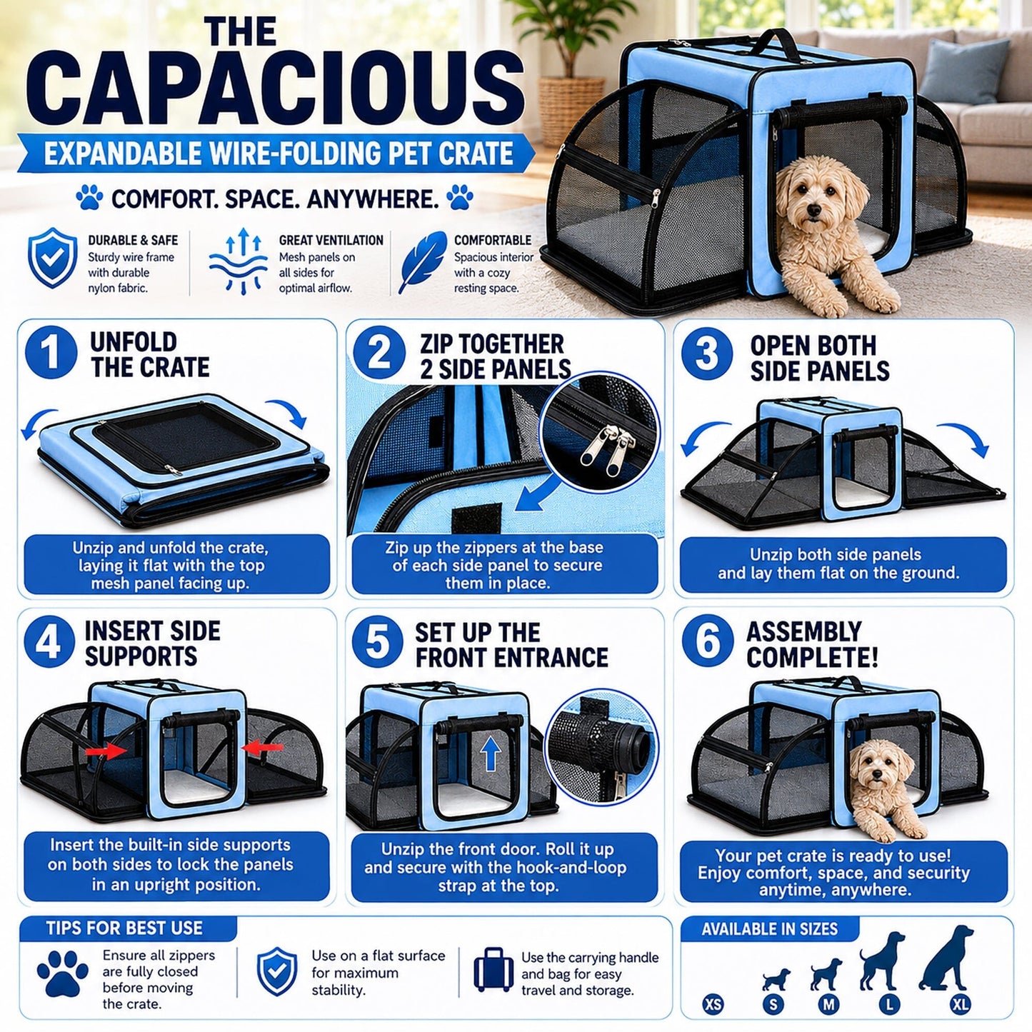 Pet Life ® 'Capacious' Dual-Sided Expandable Spacious Wire Folding Collapsible Lightweight Pet Dog Crate Carrier House