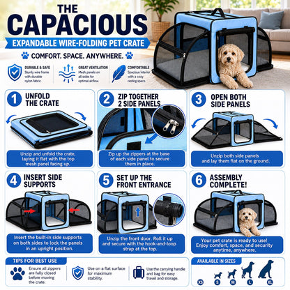 Pet Life ® 'Capacious' Dual-Sided Expandable Spacious Wire Folding Collapsible Lightweight Pet Dog Crate Carrier House