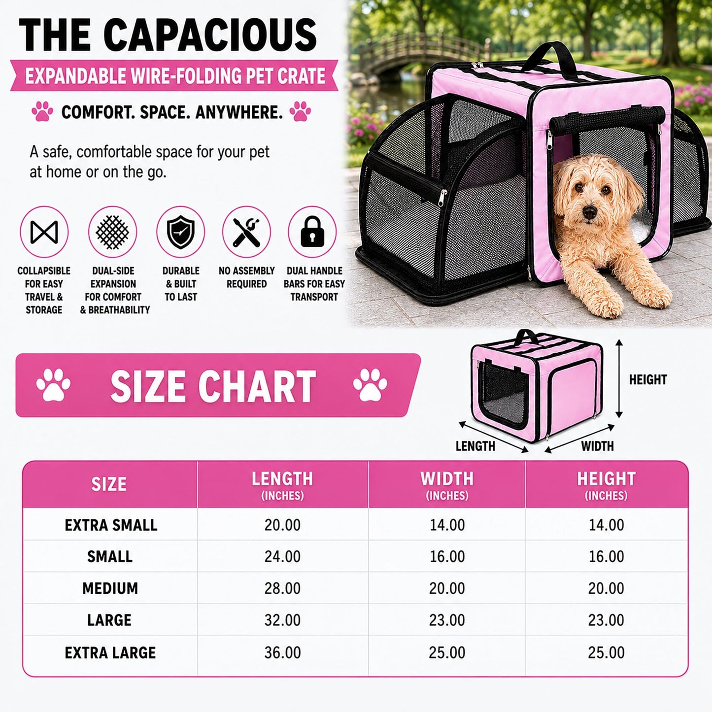 Pet Life ® 'Capacious' Dual-Sided Expandable Spacious Wire Folding Collapsible Lightweight Pet Dog Crate Carrier House