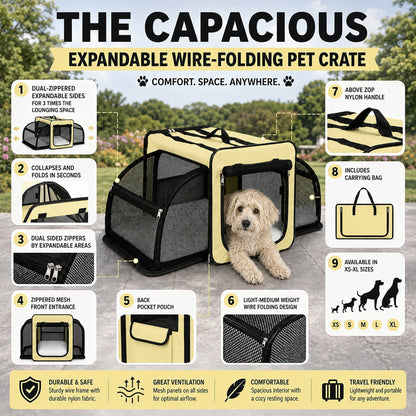 Pet Life ® 'Capacious' Dual-Sided Expandable Spacious Wire Folding Collapsible Lightweight Pet Dog Crate Carrier House