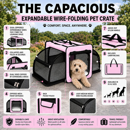 Pet Life ® 'Capacious' Dual-Sided Expandable Spacious Wire Folding Collapsible Lightweight Pet Dog Crate Carrier House