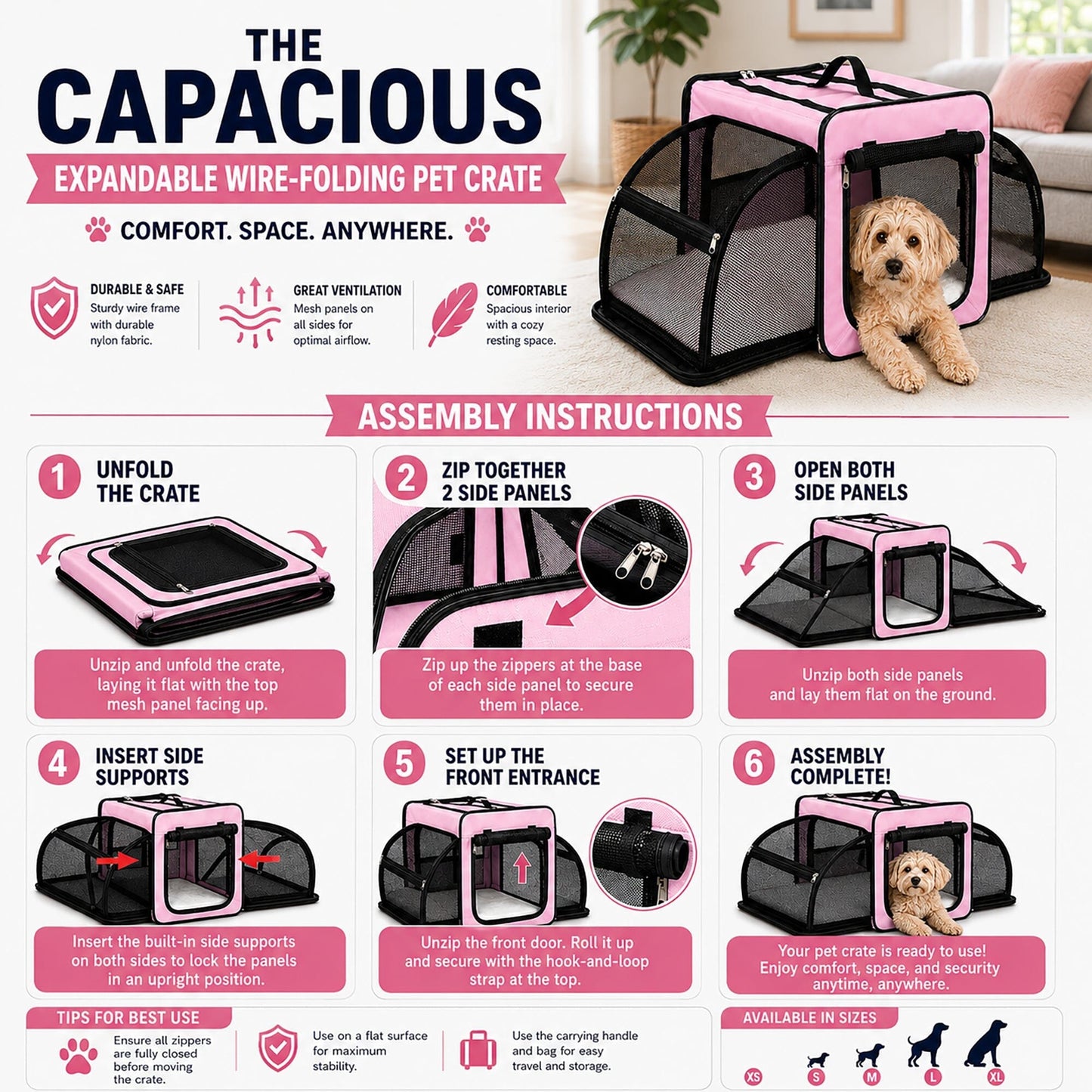 Pet Life ® 'Capacious' Dual-Sided Expandable Spacious Wire Folding Collapsible Lightweight Pet Dog Crate Carrier House