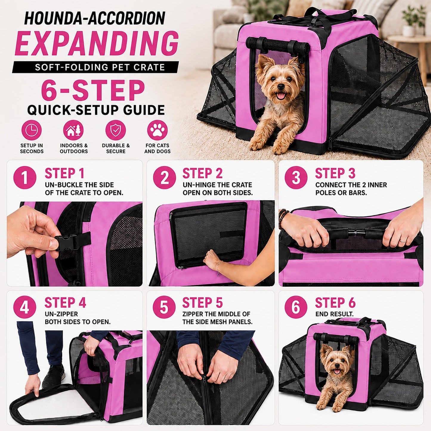 Pet Life ®  'Hounda Accordion' Metal Framed Soft-Folding Collapsible Dual-Sided Expandable Pet Dog Crate
